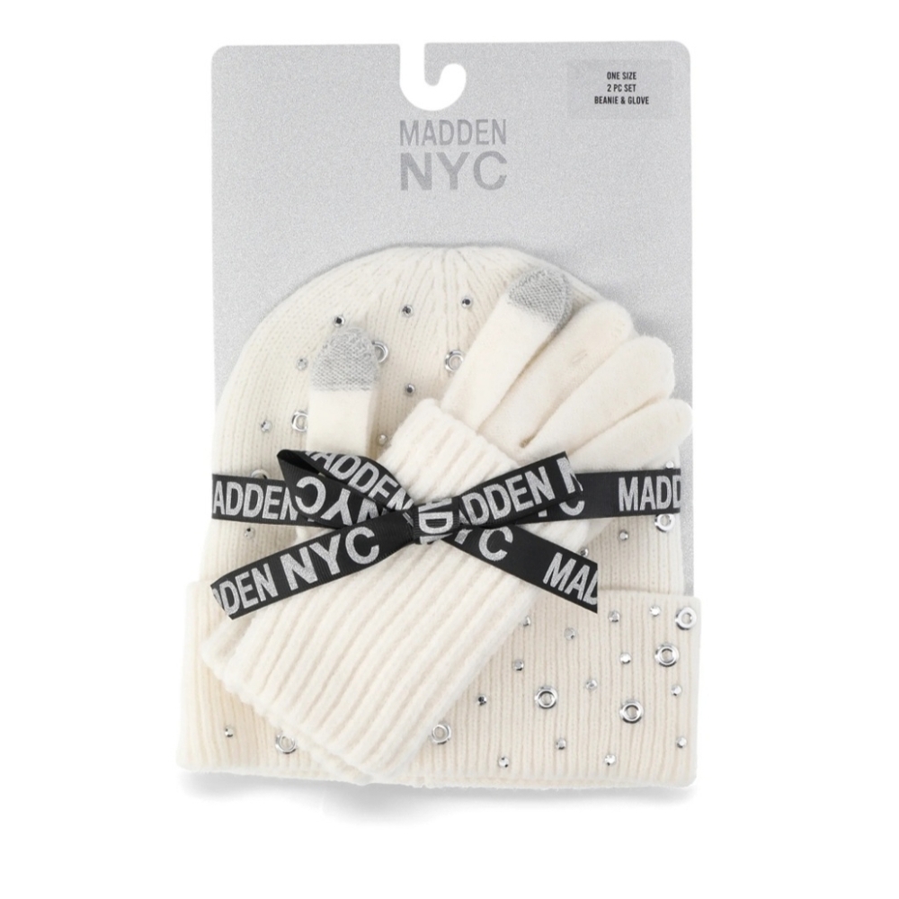 Madden NYC Silver Grommet And Rhinestone Ivory Hat And Touch Glove Set